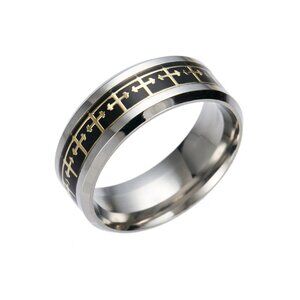 3/$35 Men's Black & Gold Cross Pattern Stainless Steel Silver Band Ring Jewelry